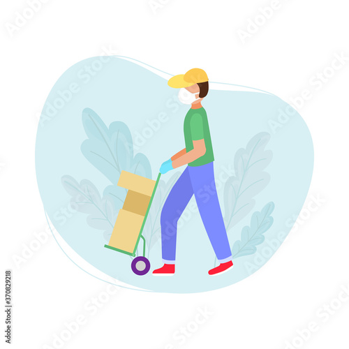 A man in a mask and gloves is carrying a cart with parcels. Colorful flat web bunner . Stock vector illustration.
