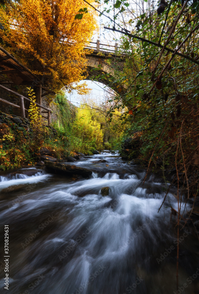 Majestic scenery of river flowing through forest and under bridge in long exposure in Granada Majestic scenery of river flowing through forest and under bridge in long exposure in Granada