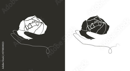 Abstract vector logo peony in the hand, for flower delivery or flower shop