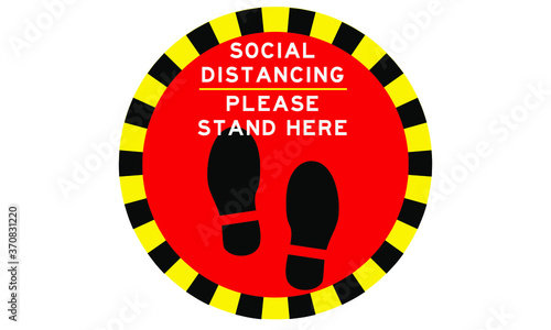 Social Distancing Please stand here sign for covid 19 with black foot prints and yellow and black cation tape floor stamp for public places, shopping centers, shops, hospitals, workplaces vector.