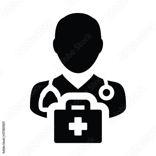 Medical icon vector male doctor person profile avatar with Stethoscope and first aid kit bag for Consultation in Glyph Pictogram illustration