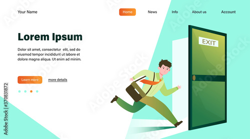 Businessman running to escape exit. Emergency exit open door, evacuation way from office building. Flat vector illustration for fire, warning, safe way direction concepts