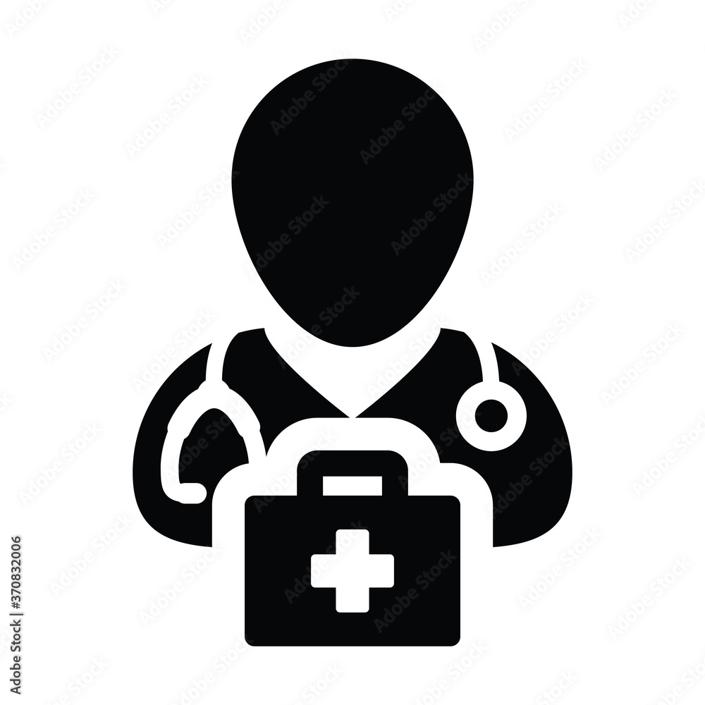 Doctor icon vector male person profile avatar with Stethoscope and first aid kit bag for Medical Consultation in Glyph Pictogram illustration Doctor icon vector male person profile avatar with Stethoscope and first aid kit bag for Medical Consultation in Glyph Pictogram illustration