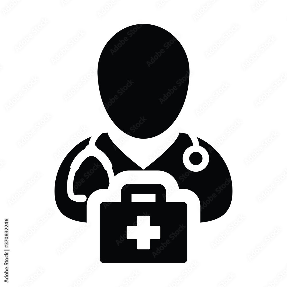 Nurse icon vector male person profile avatar with Stethoscope and first aid kit bag for medical Consultation in Glyph Pictogram illustration Nurse icon vector male person profile avatar with Stethoscope and first aid kit bag for medical Consultation in Glyph Pictogram illustration