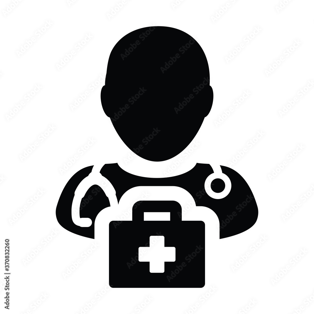 First aid icon vector male doctor person profile avatar with Stethoscope and first aid kit bag for Medical Consultation in Glyph Pictogram illustration First aid icon vector male doctor person profile avatar with Stethoscope and first aid kit bag for Medical Consultation in Glyph Pictogram illustration