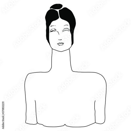 Beautiful woman with closed eyes. Female archetype. Black and white silhouette. Hand drawn sketch. Fantastic portrait.