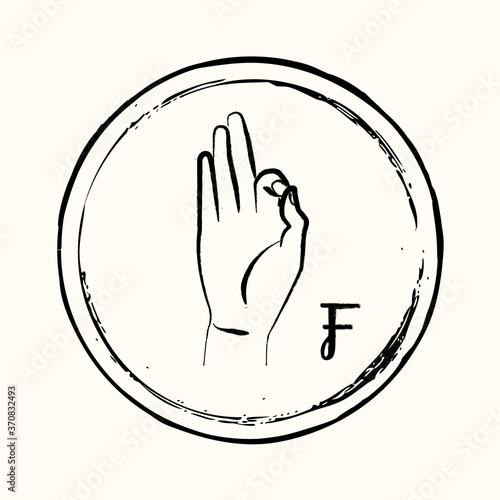 This is a retro image of a letter from the American alphabet in the style of ink drawing. This is a hand gesture for deaf people signifying the letter F.