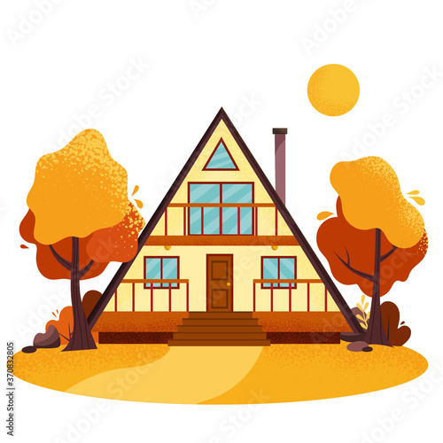 Cozy wooden cabin in the autumn forest. Vector illustration of A-frame house.