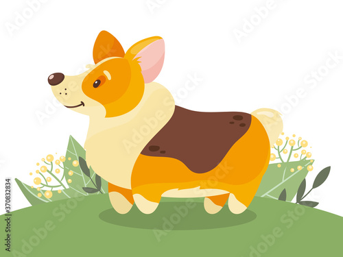 Cute cartoon welsh corgi with floral elements. Vector illustration.