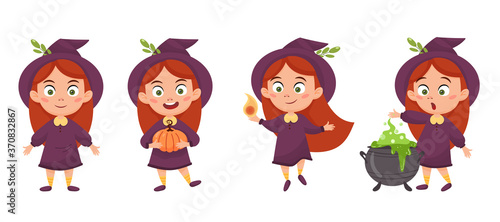 Set of cute cartoon girl witch. Halloween design. Vector illustration isolated on a white background.