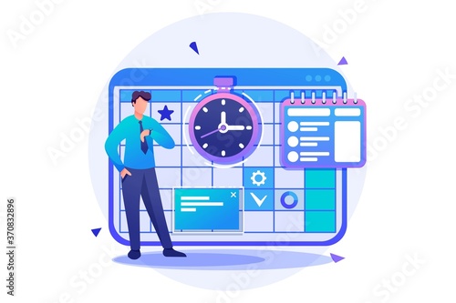 Entrepreneur plans the time for calendar for the month. Flat 2D character. Concept for web design