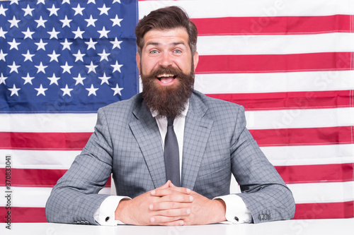 Man officiary placement working for american government USA flag background, good news concept photo