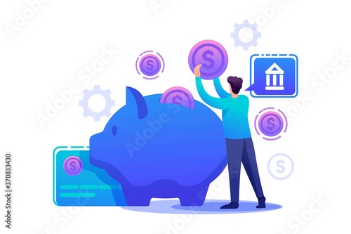 Young man puts money in a Bank Deposit. Flat 2D character. Concept for web design