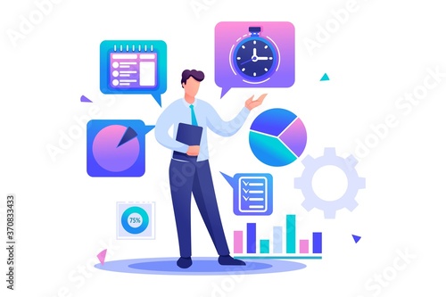 Young businessman is engaged in time management. Flat 2D character. Concept for web design