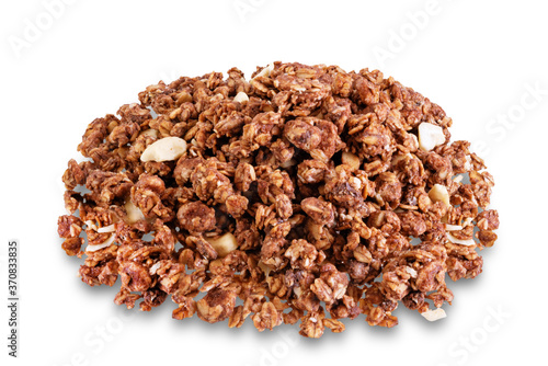 Chocolate nuts oatmeal granola on a white isolated background