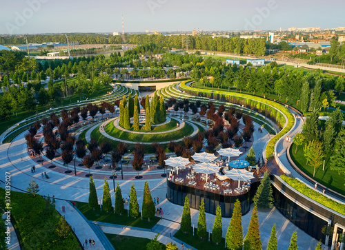 Grodno, Belarus - June 12, 2019 - View of the central ancient district in the city of Grodno from the drone in the evening