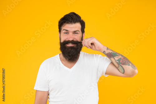 Handsome man mustache twirl barbershop services, design facial hair concept