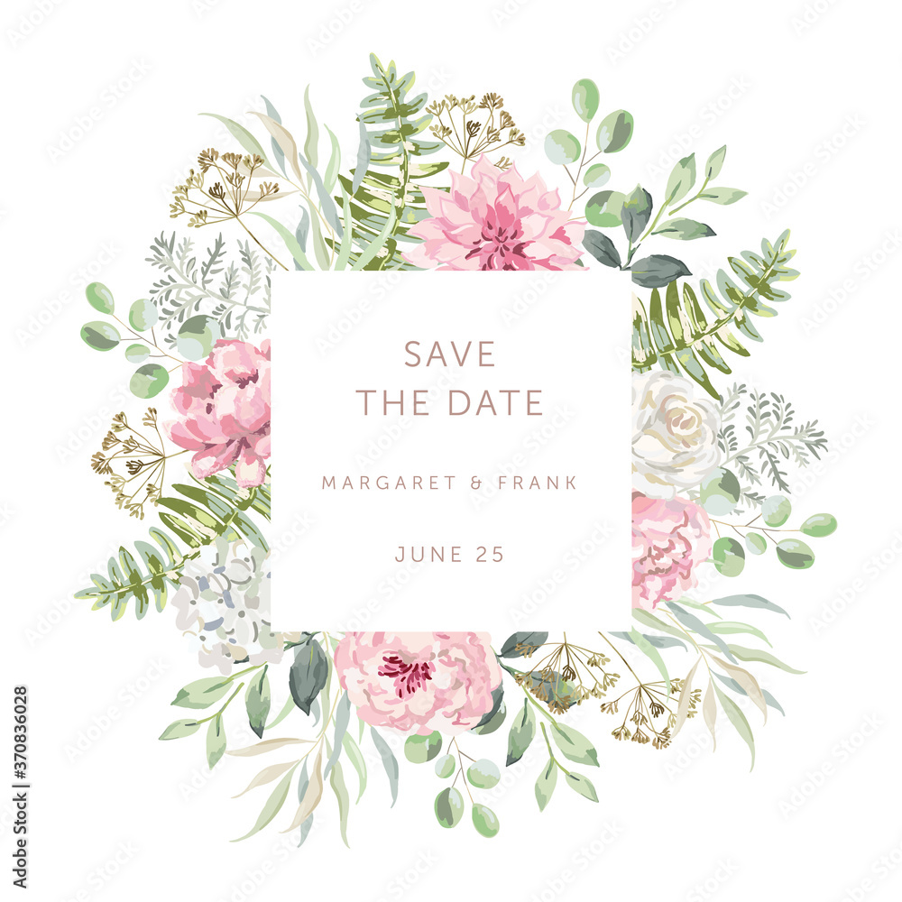 Naklejka Pink flowers, forest green leaves, white background. Wedding invitation square frame. Rose, dahlia, peony, fern. Floral vector illustration. Design template greeting card