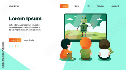 Children watching cartoon with robot. TV, screen, toy flat vector illustration. Childhood and digital technology concept for banner, website design or landing web page
