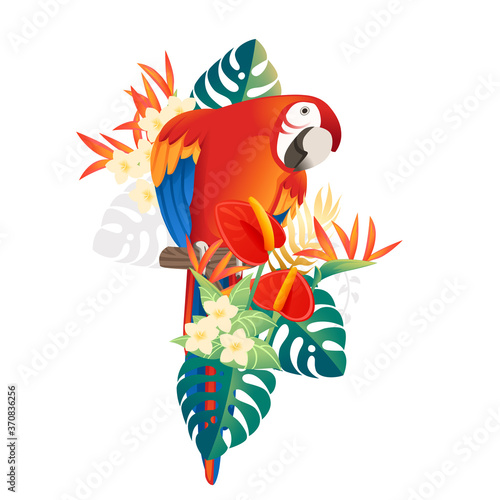 Cute Macaw parrot sit with green leaves and red flower head cartoon animal design flat vector illustration isolated on white background