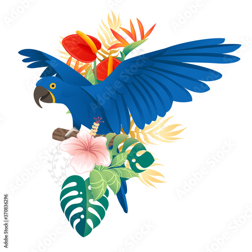 Cute Macaw parrot sit with green leaves and red flower head cartoon animal design flat vector illustration isolated on white background