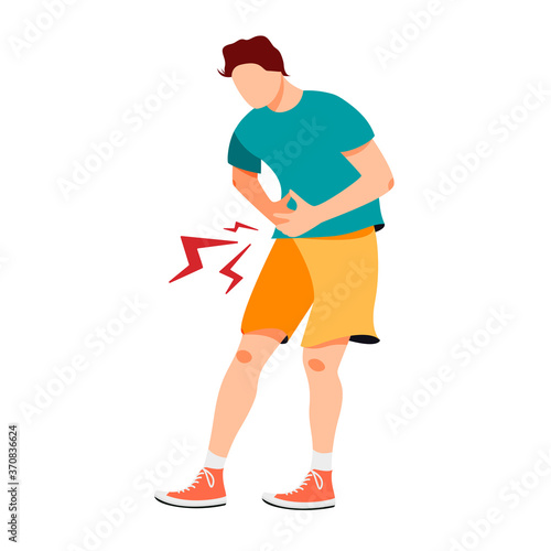 Isolated on white man with painfull stomache vector illustration. Ulcer, colic, constipation, diarrhea, gastritis, appendicitis design element. Medical symptom in flat cartoon style.