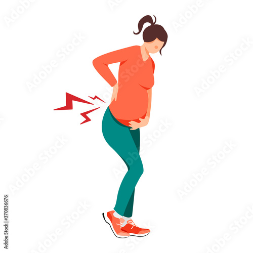 Isolated on white pregnant woman experiencing lower back pain vector illustration. Baby waiting design element. Women's consultation, gynecology, pregnancy symptoms in flat cartoon style.