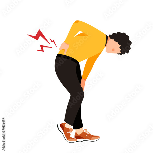 Isolated on white Man suffering from back pain vector illustration. Spine ache, trauma, sprain design element. Disease symptom  in flat cartoon style.