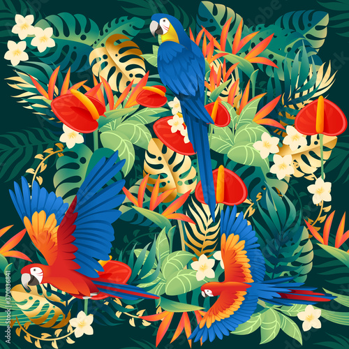 Seamless pattern cute Ara parrot sit with green leaves cartoon animal design flat vector illustration on green background