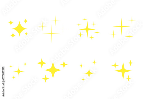 Yellow stars icons set. Golden glowing fireworks symbols collection. Bright stars twinkle vector illustrations