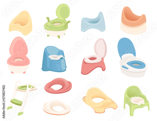 Set of colored plastic potty for children flat vector illustration isolated on white background