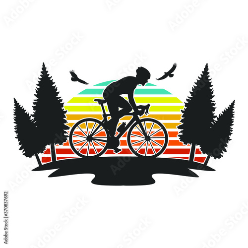 Cyclist Man Sport Design. Sunset Forest Vector Illustration Badge Retro style.