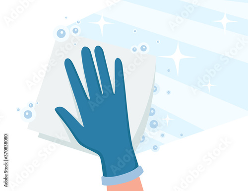 Cleaning home microfiber rag wipe on floor with chemical water and bubbles flat vector illustration on white background