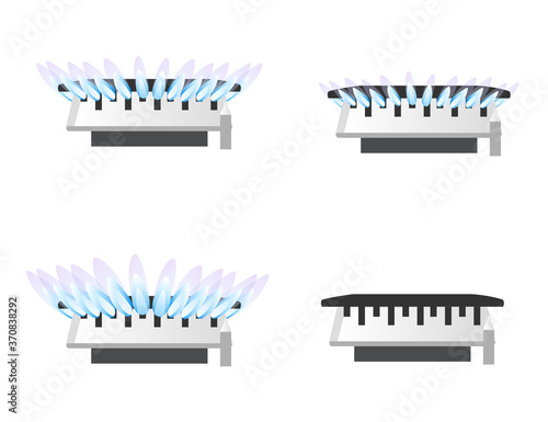 Set of four gas stove kitchen burner off low mid and high level of gas flat vector illustration isolated on white background