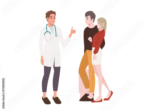 Couple visit a doctor young people cartoon character design flat vector illustration isolated on white background