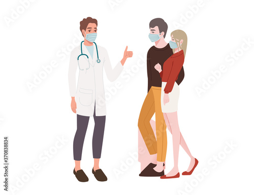 Couple visit a doctor young people wearing surgical mask social distance and safety cartoon character design flat vector illustration isolated on white background