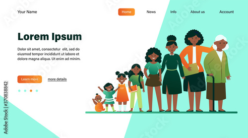African American woman in different age. Life, youth, development flat vector illustration. Growth cycle and generation concept for banner, website design or landing web page