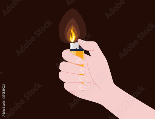 Hand hold and use metal and plastic lighter for kitchen or cigarette gas lighter smoker accessory flat vector illustration isolated on brown background