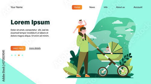 Happy father walking with children. Baby, carriage, park flat vector illustration. Family and fatherhood concept for banner, website design or landing web page