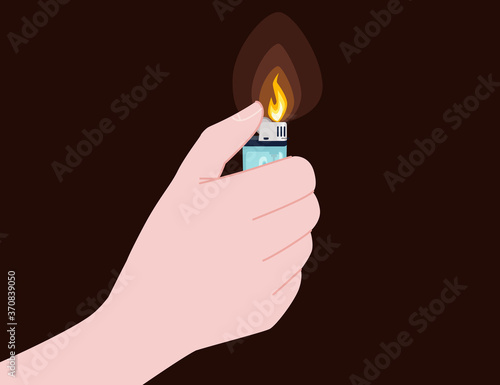 Hand hold and use metal and plastic lighter for kitchen or cigarette gas lighter smoker accessory flat vector illustration isolated on brown background