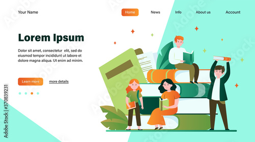 Focused tiny people reading books. Studying, story, library flat vector illustration. Knowledge and education concept for banner, website design or landing web page