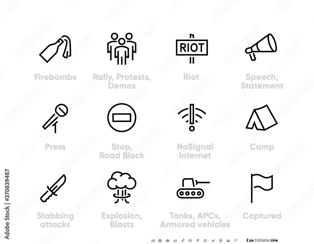 The big set thin linear icons necessary tools for riot, protest, revolution. Editable line vector. The big set thin linear icons necessary tools for riot, protest, revolution. Editable line vector.