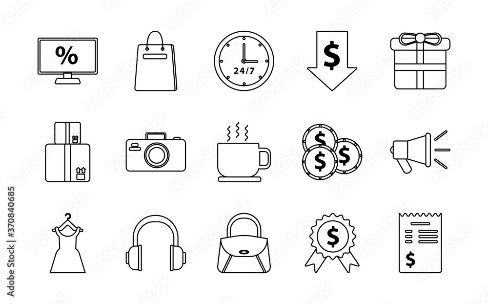 bundle of fifteen shopping set collection icons
