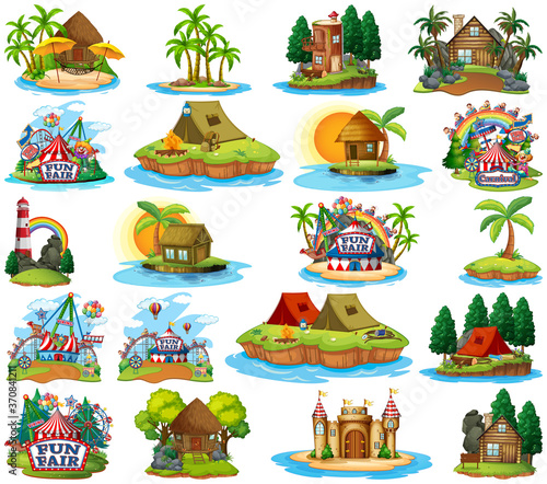 Set of different bangalows and island beach theme and amusement park isolated...