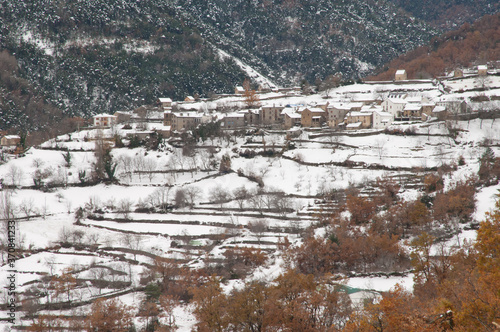 Village of Fragen after a snowfall in the Pyrenees. Huesca. Aragon. Spain.