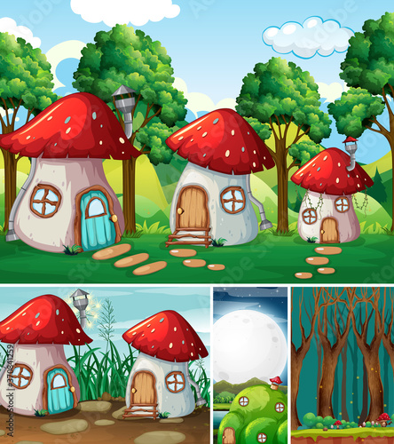Four different scene of fantasy world with fantasy places such as mushroom vi...