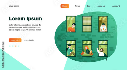 Apartment open windows and neighbors. Leisure, routine, wall flat vector illustration. Lifestyle and neighborhood concept for banner, website design or landing web page