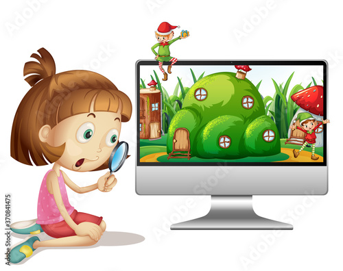 Girl with magnifying glass next to computer