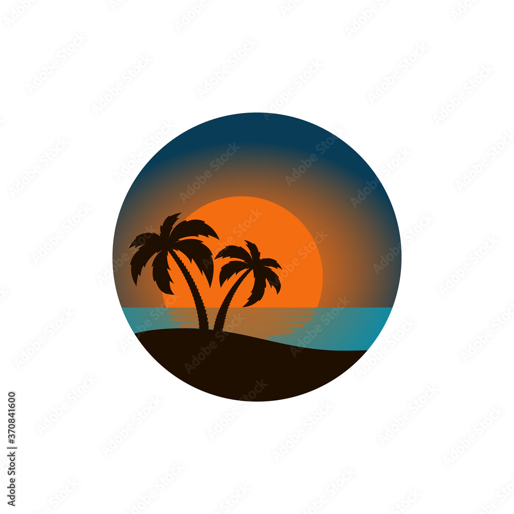 Two palm-tree on the tropical island on sunset background. Summer vacation on tropical beach. Vector illustration