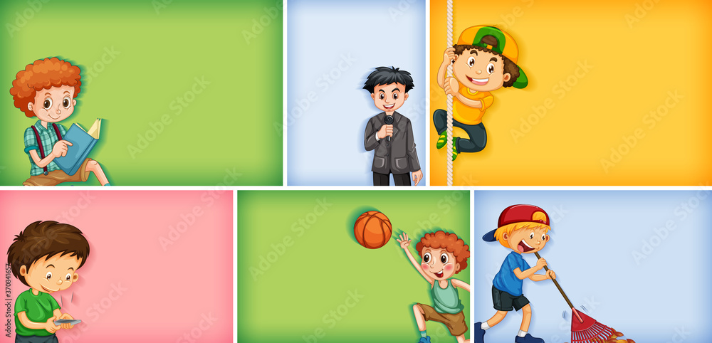 Set of different kid characters on different color background Set of different kid characters on different color background